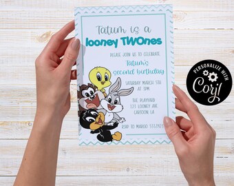 Cartoons, TWOnes, Old school, Second Birthday, Editable Birthday Party Invitation (5x7 card), Digital Download