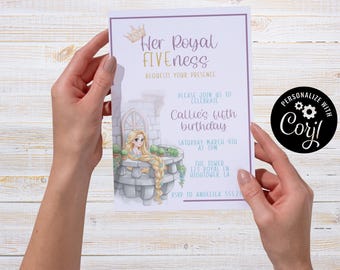 Princess, Fifth Birthday Invitation, Editable Party Card (5x7) (Digital Download)
