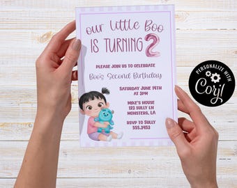 Little boo, Monsters, Second Birthday Party Invitation, Editable Party Card (5x7) (Digital Download)