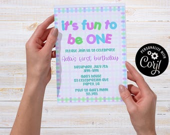 Fun to be ONE, First Birthday Party Invitation, Editable Party Card (5x7) (Digital Download)