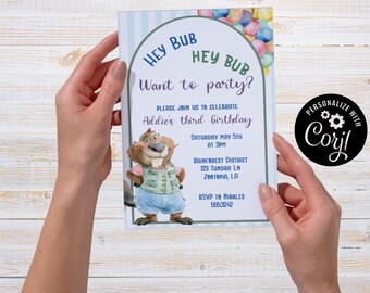 Bub, Nibbles, Zoo Birthday Party Invitation, Editable Party Card (5x7) (Digital Download)