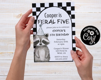 Feral Five, Quinto Compleanno, Procione, Invito per festa di compleanno modificabile (cartoncino 5x7), Download digitale