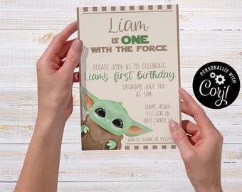 Grogu, Yoda, Star Wars, Space, One with the force, Editable First Party Invitation (5x7 card), Digital Download