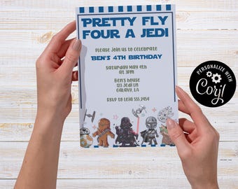 Fly FOUR a Jedi, Star Wars, Space, Fourth Birthday, Stripes, Editable Birthday Party Invitation (5x7 card), Digital Download