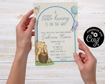 Hunny, Pooh, Baby Shower Invitation, Editable Party Card (5x7) (Digital Download)