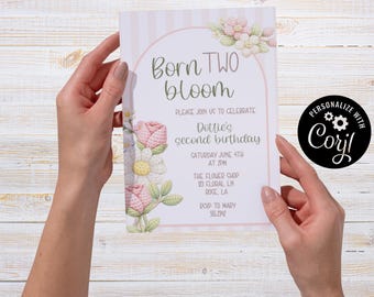 Floral Second Birthday Invitation, Editable Party Card (5x7) (Digital Download)