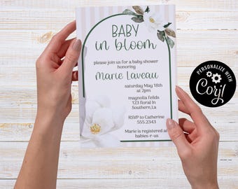 Baby in Bloom, Magnolia, Baby Shower Invitation, Editable Party Card (5x7) (Digital Download)