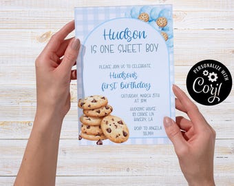 First Birthday Invitation, Cookies, Boy, Editable Party Card (5x7) (Digital Download)