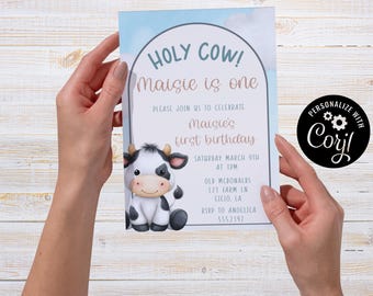 Cow, Birthday Invitation, Editable Party Card (5x7) (Digital Download)