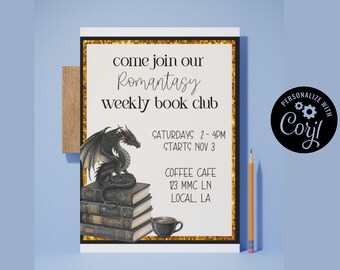 Book Club Flyer, Romantasy, Dragon, Editable Flyer (8.5 x 11) (Digital Download)