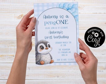 First Birthday Invitation, Penguin, Editable Party Card (5x7) (Digital Download)