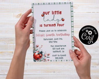Little lady, bug, fourth Birthday Party Invitation, Editable Party Card (5x7) (Digital Download)