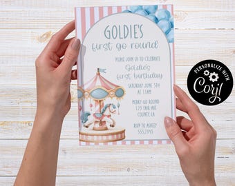 Merry Go Round, First Birthday Party Invitation, Editable Party Card (5x7) (Digital Download)