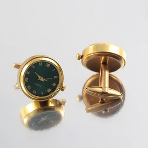 Gold Green Watch Cufflinks | Clock Mens cufflinks | Suit cufflinks | Wedding Groom Cufflinks | Mens gift | Shirt cufflinks | Gift for him