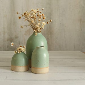 May include: A set of three ceramic vases in different sizes. They have a pale green glaze and a natural, unglazed base. The vases are filled with dried flowers. The background is a neutral, textured surface. The vases are a decorative item.
