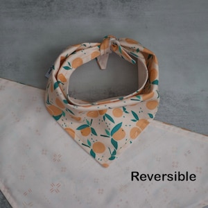 May include: A reversible dog bandana with a peach and green orange print on one side and a white background with a small pink pattern on the other side. The bandana is tied in a knot at the top. The text "Reversible" is printed on the bottom of the image.