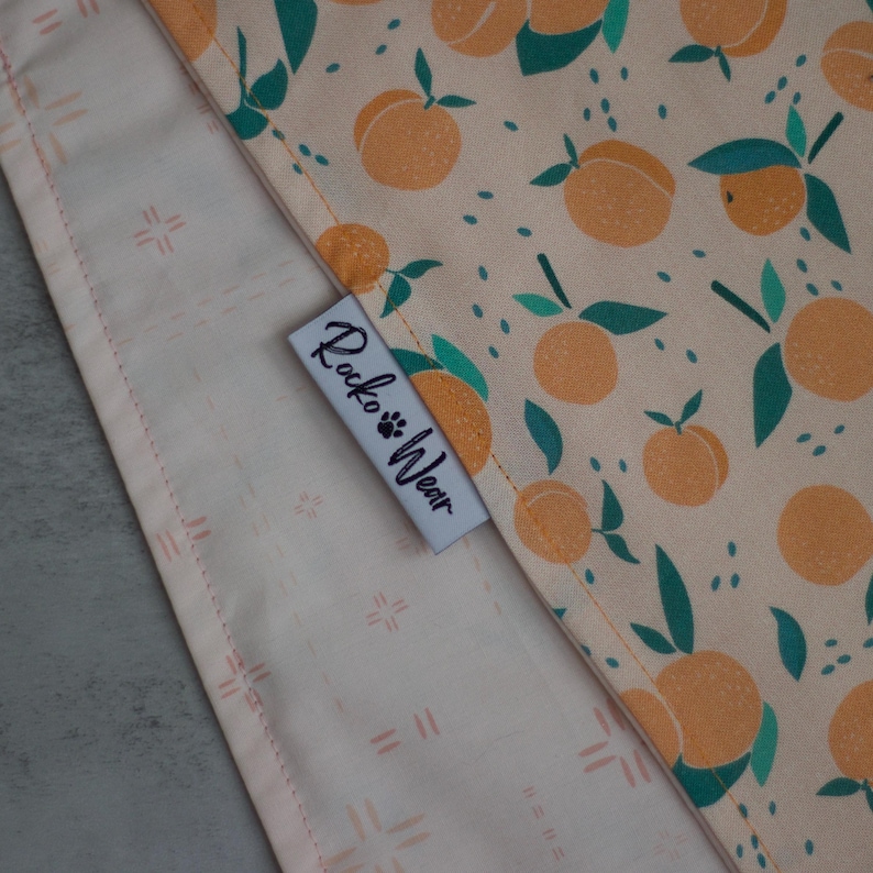May include: A white fabric bandana with a peach and green pattern of oranges. The bandana has a white label sewn on it that says "Rocko Wear" with a paw print.
