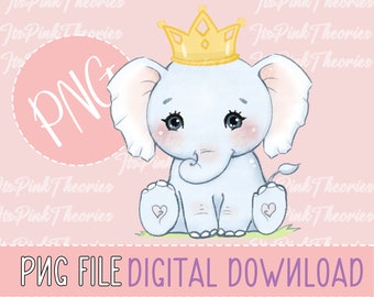 Cute Baby Elephant with Crown PNG Clipart - Digital Instant Download for Nursery Decor | Hand drawn.