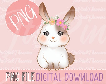 Cute Baby Bunny with Flower Crown PNG | Hand-Drawn | Bunny Lover | Nursery Decor | Sublimation PNG | Instant Digital Download