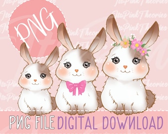 3 Cute Baby Bunnies PNG | Watercolor | Hand-Drawn | Bunny Lover | Nursery Decor | Sublimation PNG | Instant Digital Download