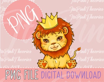 Baby Lion with Crown | Hand-Drawn | Lion Lover | Nursery Decor | Sublimation PNG | Instant Digital Download