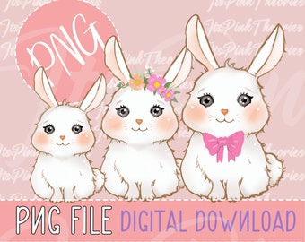 3 Cute Baby White Bunnies PNG | Watercolor | Hand-Drawn | Bunny Lover | Nursery Decor | Sublimation PNG | Instant Digital Download