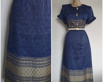 Size 12 Vintage 80's Blue and gold embroidered long skirt