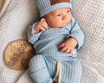 Baby Boy Coming Home Outfit | Personalized Waffle Set | Newborn Going Home Outfit | Baby Shower Gift | Hospital Outfit | Bamboo Waffle