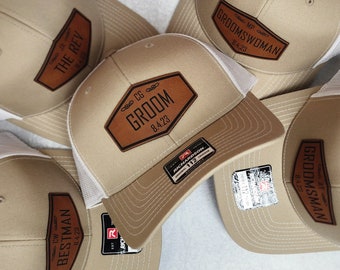 Personalized Groomsmen Hat with Name | Wedding Hats | Custom Leather Patch Trucker Hat