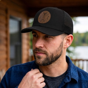Personalized Dad Hat with Initials & Hobbies | Custom Leather Patch Trucker Hat | Father’s Day Gift for Men
