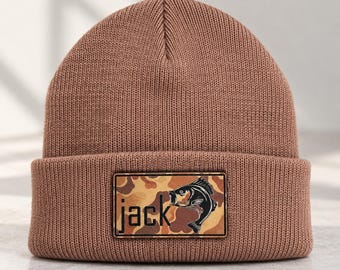 Personalized Toddler Beanie | Fish | Baby Beanie | Name Infant Hat | Toddler Winter Hat | Leather Patch Beanie | Baby Gift | Kids Knit Hat