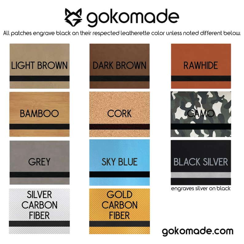 May include: A product sample image from gokomade. The image displays various color swatches, including light brown, dark brown, rawhide, bamboo, cork, camo, grey, sky blue, black silver, silver carbon fiber, and gold carbon fiber. Each swatch has a black stripe.