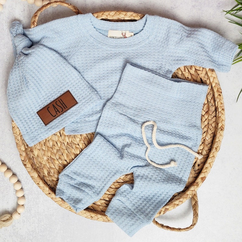Newborn Boy Coming Home Outfit Waffle Outfit Set Baby Boy Clothes Baby Boy Gift Baby Girl Gift Baby Personalized Going Home Name image 5