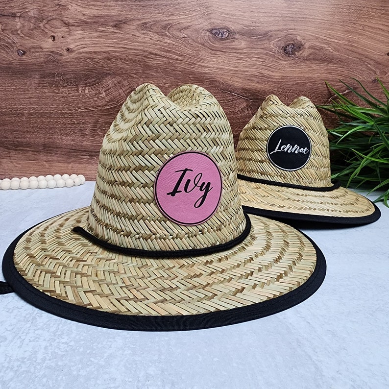 Custom Straw Hat With Initials and Symbols Circle Baby Toddler Adult Sun Hat Personalized Leather Beach Hat Gift for Baby Dad Gift image 3