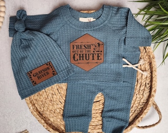 Newborn Outfit | Fresh Out of the Chute | Waffle Outfit | Cattle Herd Newborn | Baby Announcement Clothing | Name Hat | Gift for Baby