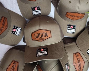 Personalized Groomsmen Hat with Name | Wedding Hats | Custom Leather Patch Trucker Hat