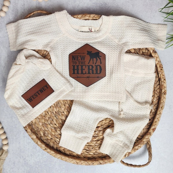 New to the Herd Personalized Newborn Outfit | Waffle Knit Baby Coming Home Set | Custom Name Knot Hat | Baby Shower Gift