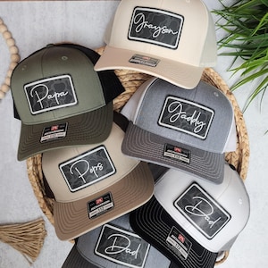 Personalized Dad Hat with Name | Custom Leather Patch Trucker Hat | Father’s Day Gift for Men | Rectangle Cursive | Black Camo