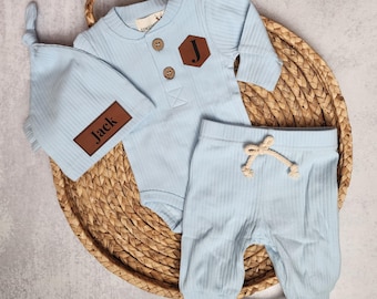 Newborn Baby Boy Coming Home Outfit | Personalized Initial Ribbed Baby Set | Hexagon Chest Initial + Name Hat | Baby Shower Gift