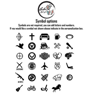 May include: A black and white graphic design sheet with a variety of symbols, including a cross, a jeep, a beer mug, a football, a duck, a wrench, a baseball bat, a target, a motorcycle, boxing gloves, a basketball, a shotgun, an airplane, bowling pins, a hockey stick, an AK-47, a marine symbol, a paddle, a chef's hat, a guitar, a bicycle, a golf club, and a horse.