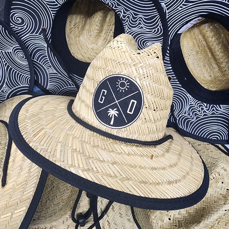 Custom Straw Hat With Initials and Symbols Circle Baby Toddler Adult Sun Hat Personalized Leather Beach Hat Gift for Baby Dad Gift image 6