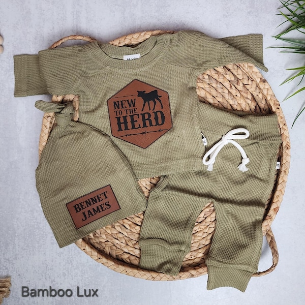 New to the Herd Personalized Newborn Outfit | Waffle Knit Baby Coming Home Set | Custom Name Knot Hat | Baby Shower Gift