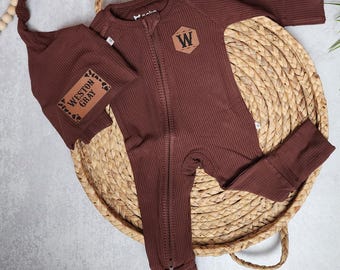 Western Newborn Coming Home Outfit | Personalized Baby Boy Outfit | Ranch Style Baby Set | Custom Name Hat & Initial Hexagon Chest Patch