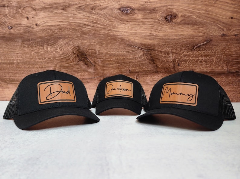 Dad and Son Trucker Hats Cursive Rectangle Dad Gift Toddler Kid Adult Hat Personalized Hat HATS SOLD INDIVIDUALLY image 3