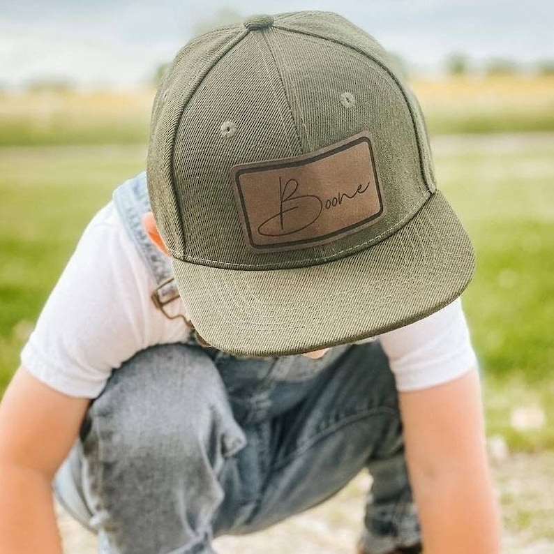 Personalized Cursive Toddler Hat Rectangle Custom Baby Kids Youth Adult Snapback Hat Personalized Name Leather Patch Hat Baby Gift image 6