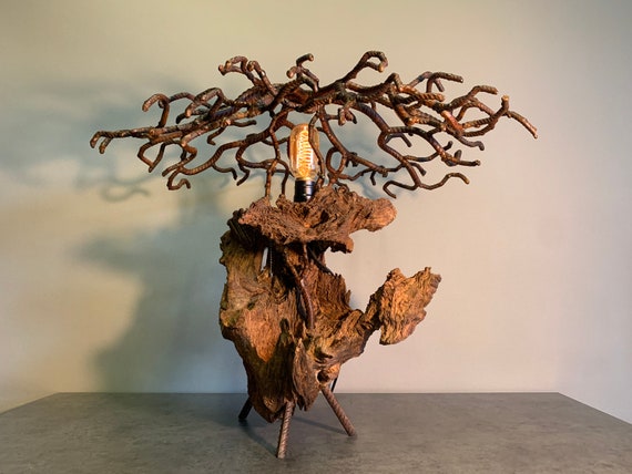 Driftwood Live Edge Wooden Table Lamp in Vintage Industrial