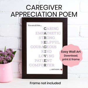 Caregiver appreciation poem, Caregiver Christmas gift, caregiver idea, caregiver acrostic poem, wall art, caregiver printable, framable art