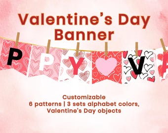 May include: A Valentine's Day banner with the word "HAPPY" spelled out in black letters on a white background. Each letter is on a separate banner with a different pattern of red hearts. The banner is customizable with 6 patterns and 3 sets of alphabet colors.