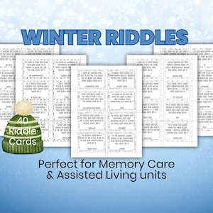 May include: A set of winter riddle cards with a green and white knit hat graphic. The cards are white with black text, and the words "Winter Riddles" are at the top. The set includes 40 riddle cards.