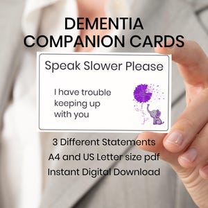 Cartão de acompanhante para demência, Conscientização sobre demência, Cartões de Alzheimer para distribuir, Cartão de visita para explicar a demência, Cartões para falar mais devagar, Cuidador
